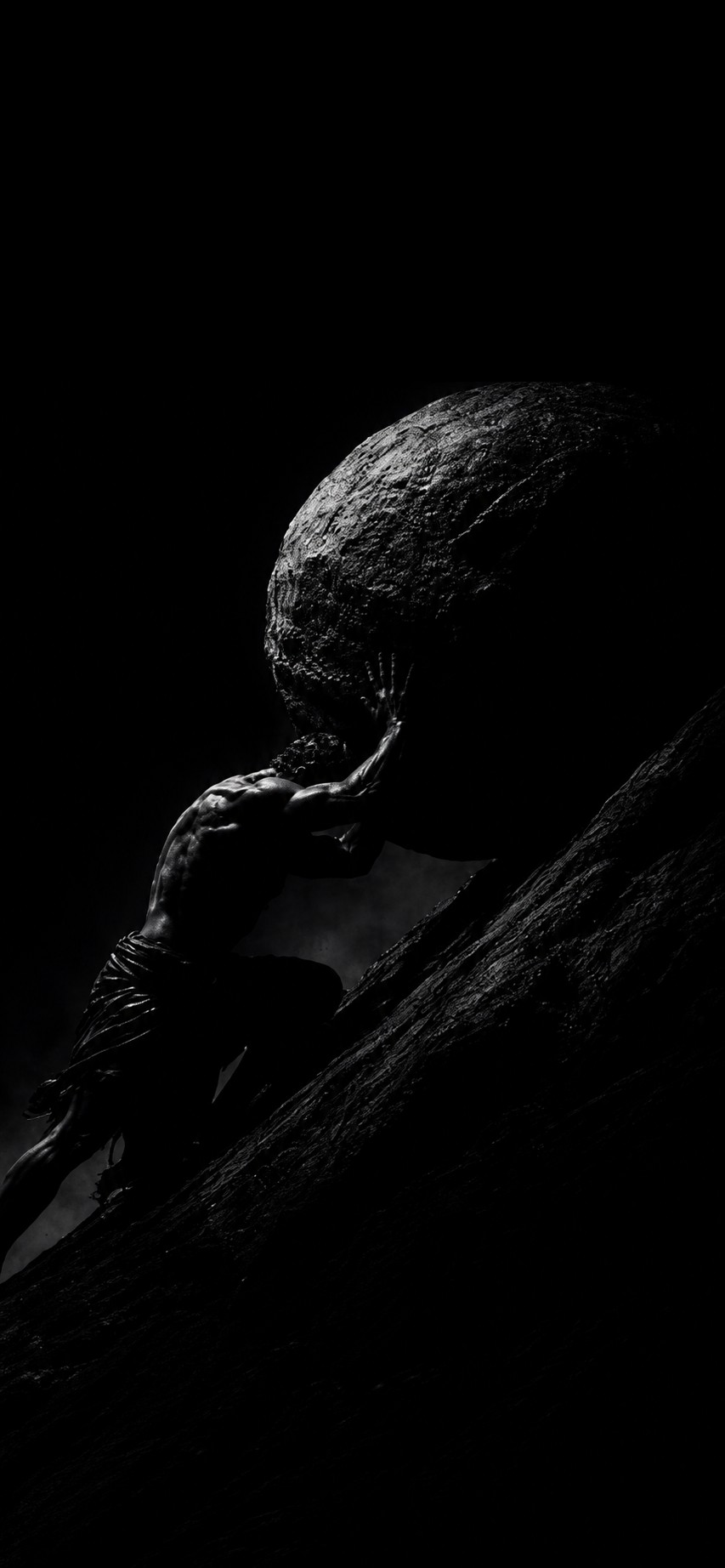 A lone figure straining an immense boulder up a dark incline